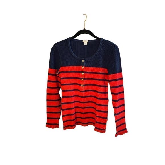 J.Crew women’s thermal Henley, blue and red striped shirt size medium - Picture 1 of 4